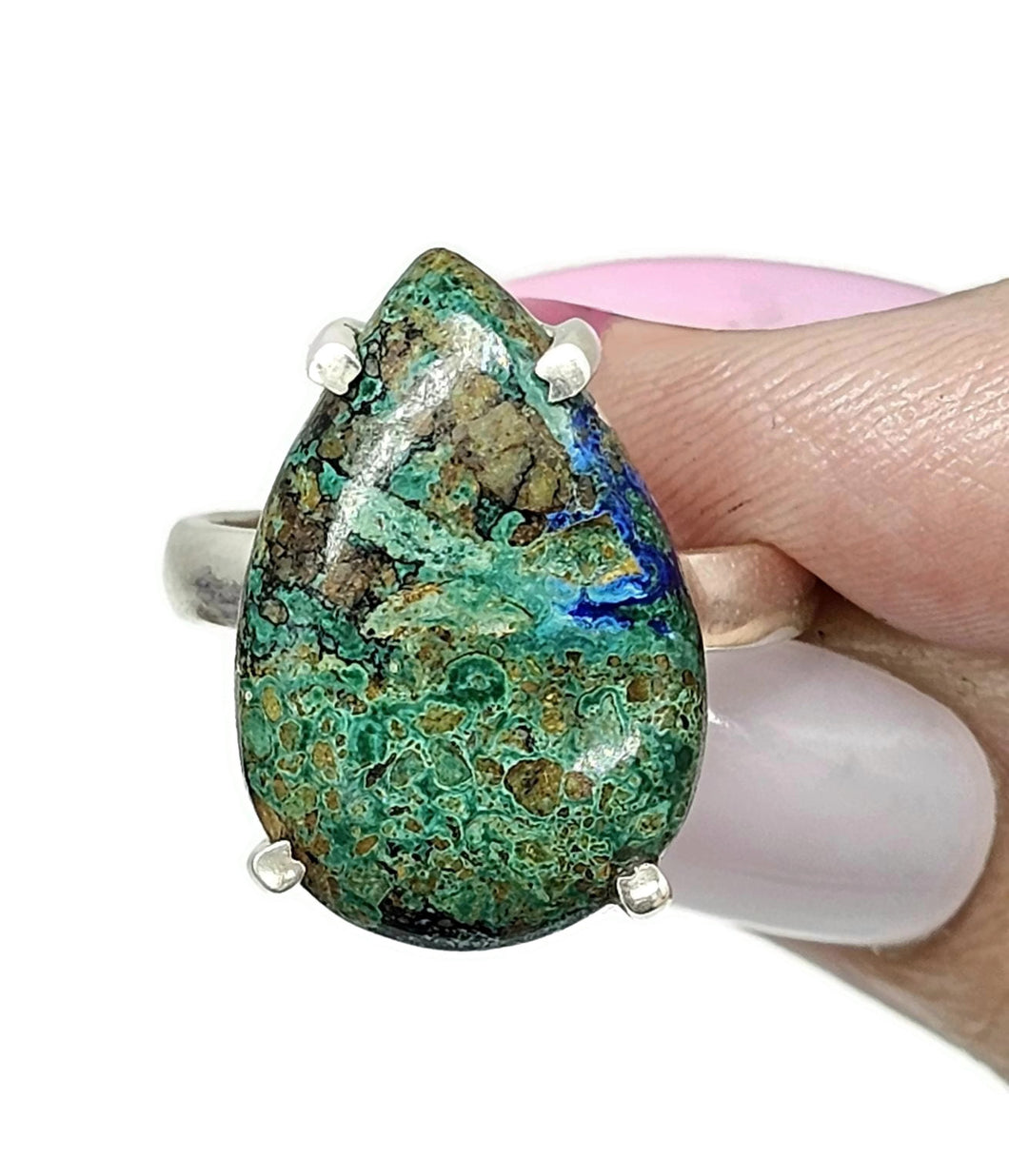 Azurite Malachite Ring, Size S, Sterling Silver, Pear Shaped, Green Blue Gem