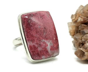 Rectangle Thulite Ring, size Q, Sterling Silver, Vibrant Pink Gemstone, Pink Zoisite