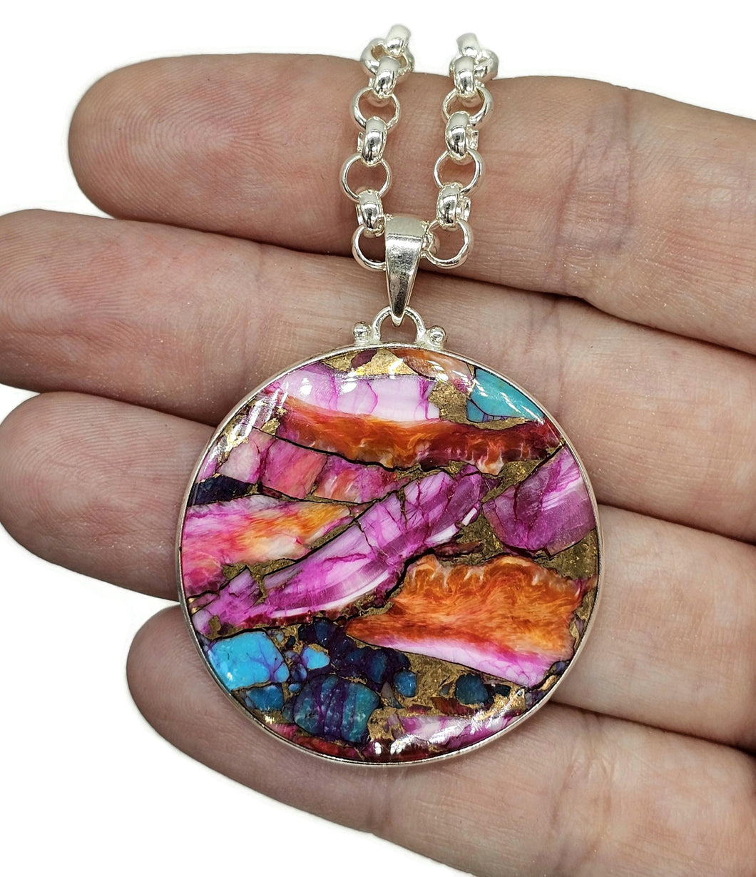 Statement Pink Opal & Oyster Turquoise Pendant, Round, Sterling Silver, Copper Turquoise