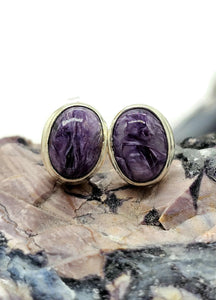Charoite Studs, Sterling Silver, Oval Shape, Swirls of Violet, Lavender & Purple