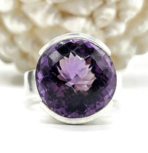 Load image into Gallery viewer, 23 Carat Round Amethyst Ring, size 10, Sterling Silver, AAA Gem, Protection Amulet - GemzAustralia 