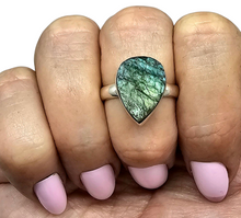 Load image into Gallery viewer, Rough Labradorite Ring, Size 9, Sterling Silver, Pear Shaped, Blue Green Labradorite, Deflects unwanted Energy - GemzAustralia 
