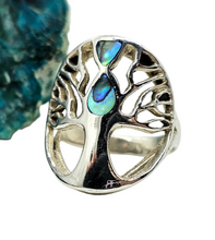 Load image into Gallery viewer, Paua Shell Tree of Life Ring, Sterling Silver, Green &amp; Blue Shell, Size N, Abalone Ring, Brings the Wearer Prosperity - GemzAustralia 