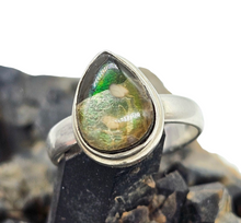 Load image into Gallery viewer, Green Ammolite Ring, Size O, Sterling Silver, Pear Shaped, Fossilized Ammonite, Opal like Gemstone, Wisdom Stone - GemzAustralia 