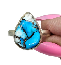 Load image into Gallery viewer, Ice Blue Dahlia Turquoise Ring, Size 10.75, Sterling Silver, Pear Shape, Copper Turquoise, Protection, Love Stone - GemzAustralia 