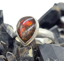 Load image into Gallery viewer, Red Ammolite Ring, Size 6 3/4, Sterling Silver, Pear Shaped, Opal like Gemstone, Fossilized Shell of Ammonite - GemzAustralia 