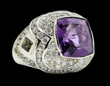 Load image into Gallery viewer, Amethyst, Green Tourmaline &amp; White Zircon Ring, Size 8.25, Sterling Silver, Genuine Gemstones, Vintage Style