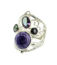 Load image into Gallery viewer, Charoite &amp; Mystic Topaz Ring, Size 7, Sterling Silver, Statement Piece, Four Stone Ring, Wearable Art - GemzAustralia 