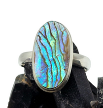 Load image into Gallery viewer, Statement Paua Shell Ring, Size 11, Sterling Silver, Long Oval Shape, Blue Green Abalone Shell, Prosperity Stone - GemzAustralia 