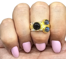 Load image into Gallery viewer, Three Stone Labradorite Ring, Size P 1/2, Blue Labradorite, Magic Stone, Protection Stone, Two Tone Ring, Wide Band - GemzAustralia 