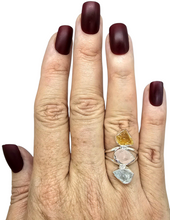 Load image into Gallery viewer, Raw Aquamarine, Rose Quartz &amp; Citrine Ring, Size 7, Sterling Silver, March and November Birthstones, Rough Gemstones, Three Stone Ring - GemzAustralia 