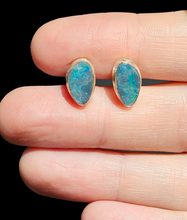 Load image into Gallery viewer, Australian Opal Studs, October Birthstone, Sterling Silver, Blue, Green &amp; Pink Opal, Doublets, Lucky Gemstone - GemzAustralia 