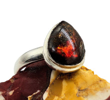 Load image into Gallery viewer, Red Ammolite Ring, Size 6.75, Sterling Silver, Pear Shaped, Fossilized Ammonite, Opal like Gemstone, Wisdom Stone, Growth Stone