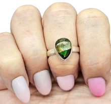 Load image into Gallery viewer, Green Ammolite Ring, Size O, Sterling Silver, Pear Shaped, Fossilized Ammonite, Opal like Gemstone, Wisdom Stone - GemzAustralia 
