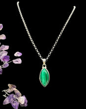 Load image into Gallery viewer, Malachite Pendant, Marquise Shape, Sterling Silver, Rich Green Gemstone, Bezel Setting, Visionary Gem, Warns of Danger - GemzAustralia 