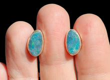 Load image into Gallery viewer, Australian Opal Studs, October Birthstone, Sterling Silver, Blue, Green &amp; Pink Opal, Doublets, Lucky Gemstone - GemzAustralia 