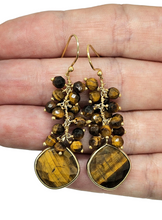 Load image into Gallery viewer, Tiger's Eye Earrings, Gold Plated Sterling Silver, Checkerboard Faceted, Beaded drops, Genuine Gemstones, Creativity Stone - GemzAustralia 