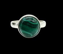 Load image into Gallery viewer, Round Malachite Ring, Size P 1/2, Sterling Silver, Rich Green Gemstone, Bezel Set, Visionary Stone, Warns of Danger - GemzAustralia 