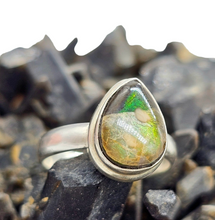 Load image into Gallery viewer, Green Ammolite Ring, Size O, Sterling Silver, Pear Shaped, Fossilized Ammonite, Opal like Gemstone, Wisdom Stone - GemzAustralia 
