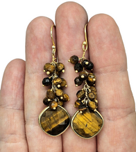 Load image into Gallery viewer, Tiger's Eye Earrings, Gold Plated Sterling Silver, Checkerboard Faceted, Beaded drops, Genuine Gemstones, Creativity Stone - GemzAustralia 
