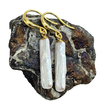 Load image into Gallery viewer, Long Rectangle Biwa Pearl Earrings, Gold Plated Sterling Silver, June Birthstone, Highly Lustrous Pearls, Freshwater Pearls, Japanese - GemzAustralia 