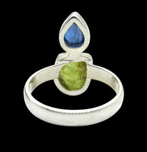 Load image into Gallery viewer, Blue Kyanite and Raw Peridot Ring, Size 9, Sterling Silver, Two Stone Ring, Visionary Gemstone, Loyalty Stone