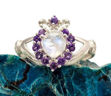 Load image into Gallery viewer, Rainbow Moonstone &amp; Amethyst Claddagh Ring, Size 7, Sterling Silver, Natural Gemstones, Symbol of Love, Friendship and Loyalty