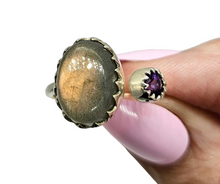 Load image into Gallery viewer, Sunset Peach Pink Labradorite &amp; Amethyst Ring, Size 8, Sterling Silver, Toi et Moi Ring, Prong set, Magic Stone, Protection Stone - GemzAustralia 