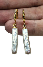 Load image into Gallery viewer, Long Rectangle Biwa Pearl Earrings, Gold Plated Sterling Silver, June Birthstone, Highly Lustrous Pearls, Freshwater Pearls, Japanese - GemzAustralia 