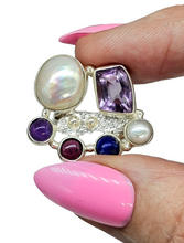Load image into Gallery viewer, Handcrafted Statement Amethyst, Pearl, Garnet, Lapis Lazuli Ring, Size 7.5, Sterling Silver - GemzAustralia 