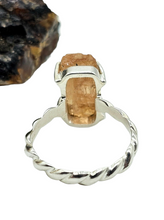 Load image into Gallery viewer, Rough Imperial Topaz Ring, Size 8, Sterling Silver, Raw Gemstone, Twisted Band, Rectangle Design, Manifestation Stone, Solar Plexus Chakra - GemzAustralia 