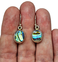 Load image into Gallery viewer, Paua Shell Earrings, Sterling Silver, Abalone Shell, Dangly Oval Drops, Prosperity, Peace, Good Luck &amp; Strength, New Zealand Paua Shell - GemzAustralia 