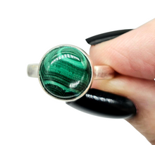 Load image into Gallery viewer, Round Malachite Ring, Size P 1/2, Sterling Silver, Rich Green Gemstone, Bezel Set, Visionary Stone, Warns of Danger - GemzAustralia 