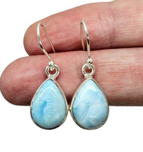 Load image into Gallery viewer, Teardrop Larimar Earrings, Blue &amp; White Stone, Dolphin Stone, Stone of Atlantis, Sterling Silver, Spiritual Stone, Deep Powers, Volcanic Gem