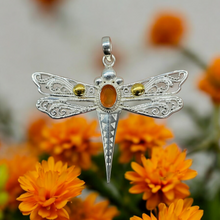 Load image into Gallery viewer, Dragonfly Pendant, Carnelian Gemstone, Sterling Silver, Meaning of Life Symbolism, Transformation, Artist's Stone, Two Tone - GemzAustralia 