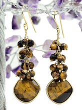 Load image into Gallery viewer, Tiger's Eye Earrings, Gold Plated Sterling Silver, Checkerboard Faceted, Beaded drops, Genuine Gemstones, Creativity Stone - GemzAustralia 