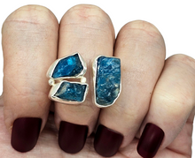 Load image into Gallery viewer, Raw Blue Apatite Ring, Three Stone Ring, Size 9 1/2, Sterling Silver, Raw Gems, Neon Blue Apatite, Electric Blue Gemstone - GemzAustralia 