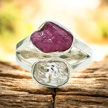 Load image into Gallery viewer, Raw Ruby &amp; Herkimer Diamond Ring, Size P 1/2, Sterling Silver, July and April Birthstones, Energy Stone - GemzAustralia 