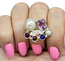 Load image into Gallery viewer, Handcrafted Statement Amethyst, Pearl, Garnet, Lapis Lazuli Ring, Size 7.5, Sterling Silver - GemzAustralia 