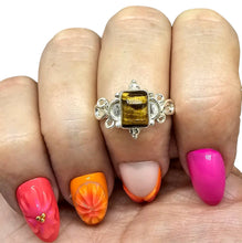 Load image into Gallery viewer, Ornate Tiger's Eye Ring, Size 8, Sterling Silver, Rectangle Shaped, Kundalini Awakening, Courage Gemstone, Protection Amulet, Leo Zodiac