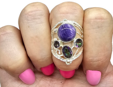 Load image into Gallery viewer, Charoite &amp; Mystic Topaz Ring, Size 7, Sterling Silver, Statement Piece, Four Stone Ring, Wearable Art - GemzAustralia 