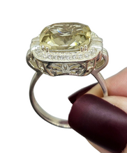 Load image into Gallery viewer, Halo Lemon Quartz &amp; Zircon Ring, Size 11, Cushion Square Facet, 8.5 carats, Sterling Silver, Mental Clarity, Confidence Gem - GemzAustralia 