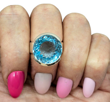 Load image into Gallery viewer, AAA Swiss Blue Topaz Ring, Size O 1/2, Sterling Silver, 28 Carats, Round Facet, Stone of Love - GemzAustralia 