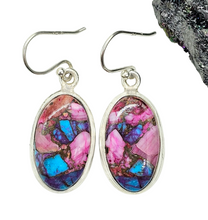 Load image into Gallery viewer, Oval Shaped, Oyster Turquoise &amp; Pink Opal Earrings, Sterling Silver, Hot Pink Gemstone, Spiny Oyster Shell, Courage Stone - GemzAustralia 