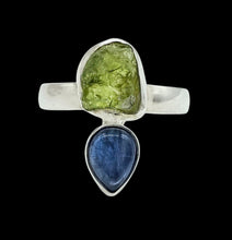 Load image into Gallery viewer, Blue Kyanite and Raw Peridot Ring, Size 9, Sterling Silver, Two Stone Ring, Visionary Gemstone, Loyalty Stone