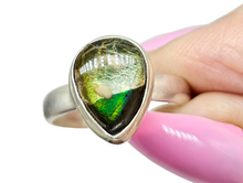 Load image into Gallery viewer, Green Ammolite Ring, Size O, Sterling Silver, Pear Shaped, Fossilized Ammonite, Opal like Gemstone, Wisdom Stone - GemzAustralia 