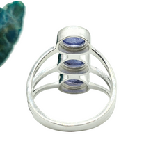 Load image into Gallery viewer, Three Stone Tanzanite Ring, Size 8, Sterling Silver, Psychic Power Stone, Meditation Stone - GemzAustralia 
