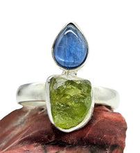 Load image into Gallery viewer, Blue Kyanite and Raw Peridot Ring, Size 9, Sterling Silver, Two Stone Ring, Visionary Gemstone, Loyalty Stone