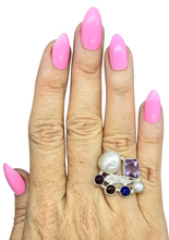 Load image into Gallery viewer, Handcrafted Statement Amethyst, Pearl, Garnet, Lapis Lazuli Ring, Size 7.5, Sterling Silver - GemzAustralia 