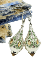 Load image into Gallery viewer, Turkish Inspired Lamp Earrings set with Green Tsavorites &amp; Citrines, Faberge Egg Style, Multi-Gemstone, Artisan Designed - GemzAustralia 